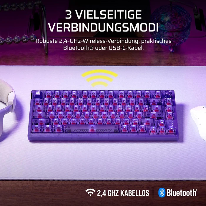 Corsair Gaming K65 Plus Wireless 75% RGB, Atomic Purple, MLX RED V2, USB/Bluetooth, DE