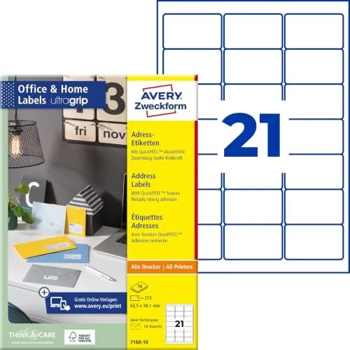 Avery-Zweckform Adressetiketten, 63.5x38.1mm, weiß, 10 Blatt (210 Etiketten)