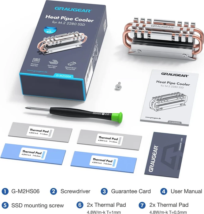Graugear G-M2HS06, Heatpipe-Kühler für M.2 2280 SSD, silber