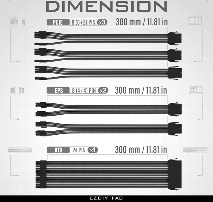 EZDIY-FAB Cable Extension Kit, 1x 24-Pin, 2x 4/8-Pin ATX, 3x 8-Pin PCIe, 18AWG, schwarz