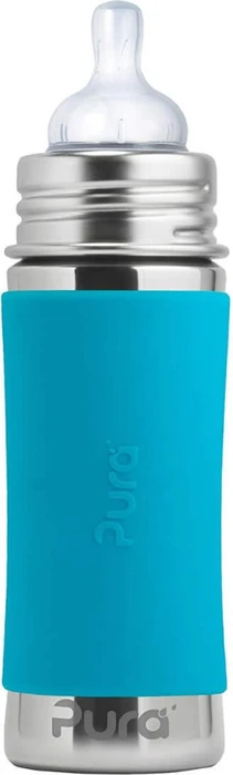 Pura Kiki Babyflasche Edelstahl mit Sleeve Silikon, 325ml, blau