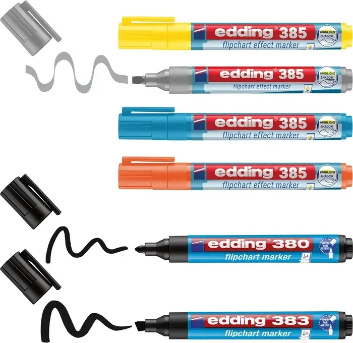 edding 380/383/385 Flipchartmarker schwarz/schwarz/gelb/orange/hellblau/silbergrau, 6er-Set