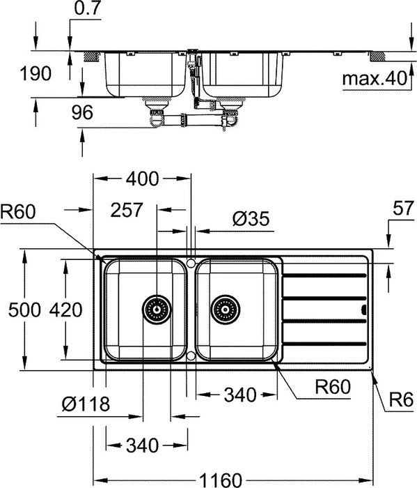 Grohe K500 80-S 116/50 2.0 Einbau Doppelspüle reversibel edelstahl