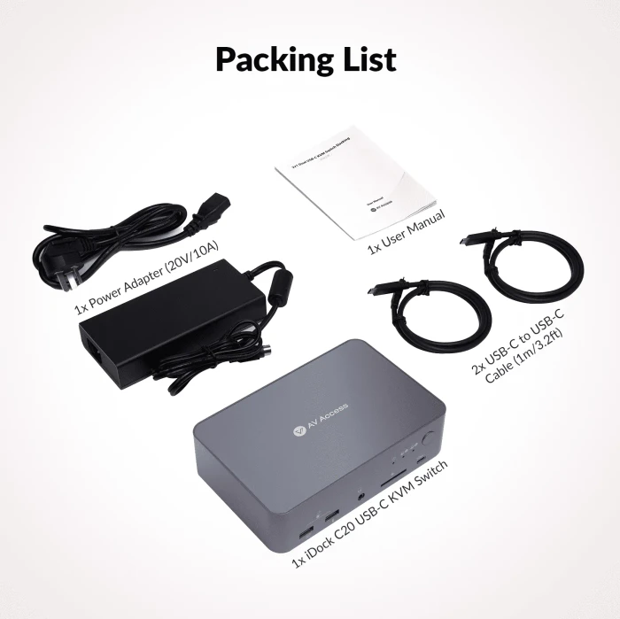 AV Access iDock C20, USB-C KVM Docking Station, 12-in1, for 2 Laptop, 4K@60Hz Dual Monitor, 2-fach KVM-Switch