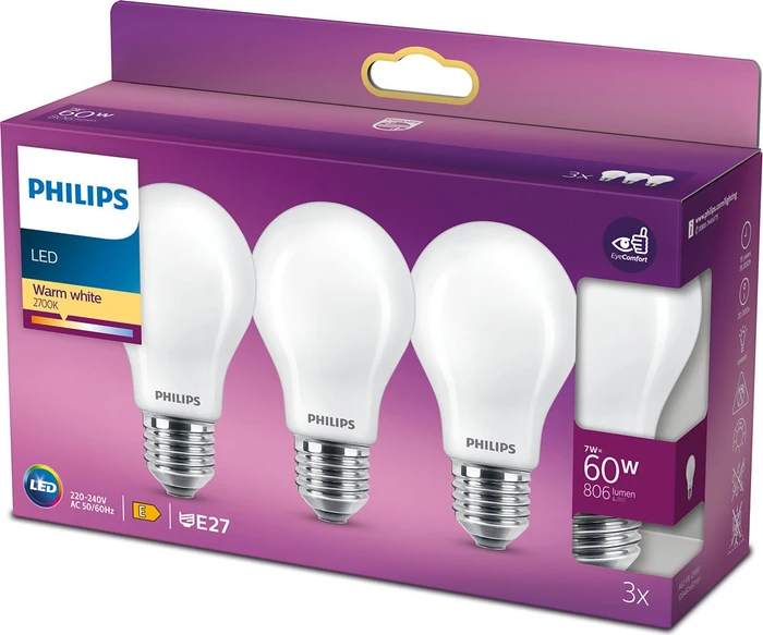 Philips Classic LED Birne ND E27 7-60W/827 A60, 3 Stück