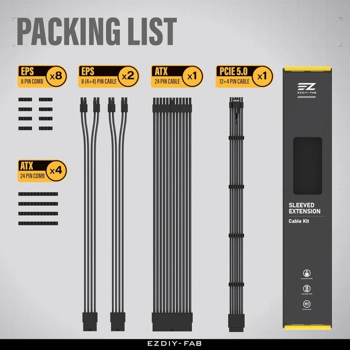EZDIY-FAB 12VHPWR Cable Kit, 1x 24-Pin, 2x 4/8-Pin ATX, 1x 12VHPWR PCIe, 16AWG, schwarz