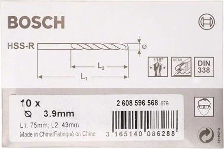 Bosch Professional HSS-R Spiralbohrer, 3.9x43x75mm, 10 Stück
