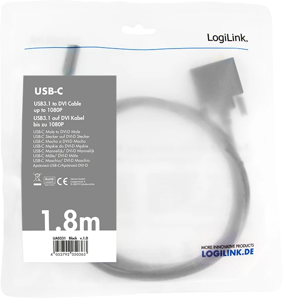 LogiLink USB-C [Stecker] auf DVI [Stecker] Adapterkabel schwarz, 1.8m