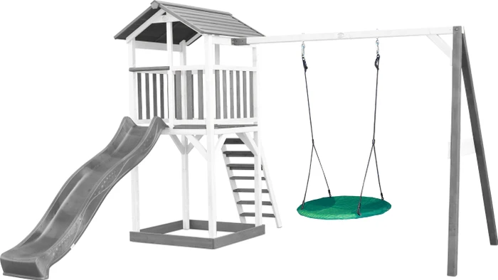 Axi Spielturm Beach Tower mit Rutsche und Nestschaukel grau/weiß/grün
