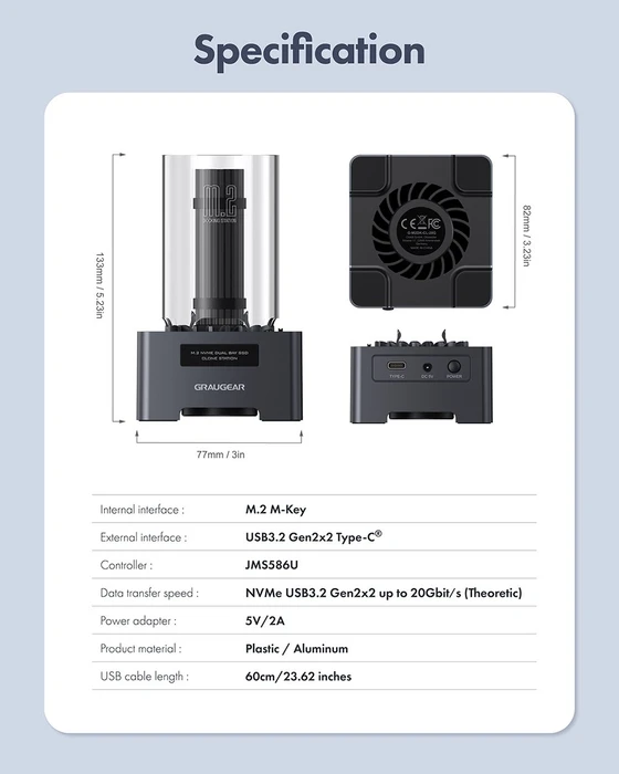 Graugear G-M2DK-CL-20G, M.2 NVMe Dockingstation mit Klon-Funktion, USB-C 3.2