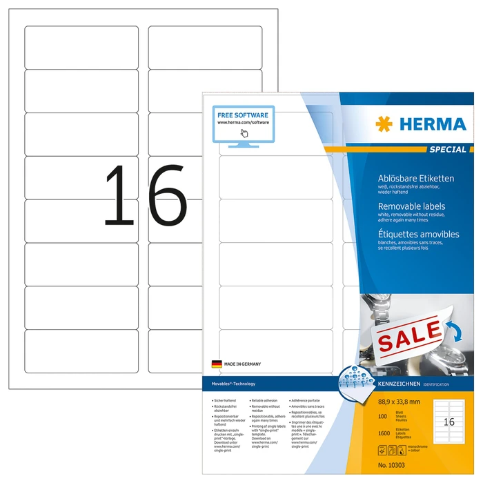 Herma Etiketten, 88.9x33.8mm, ablösbar, weiß, matt, 100 Blatt (1600 Etiketten)