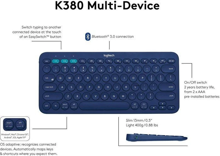 Logitech K380 Multi-Device Keyboard blau, Bluetooth, IT