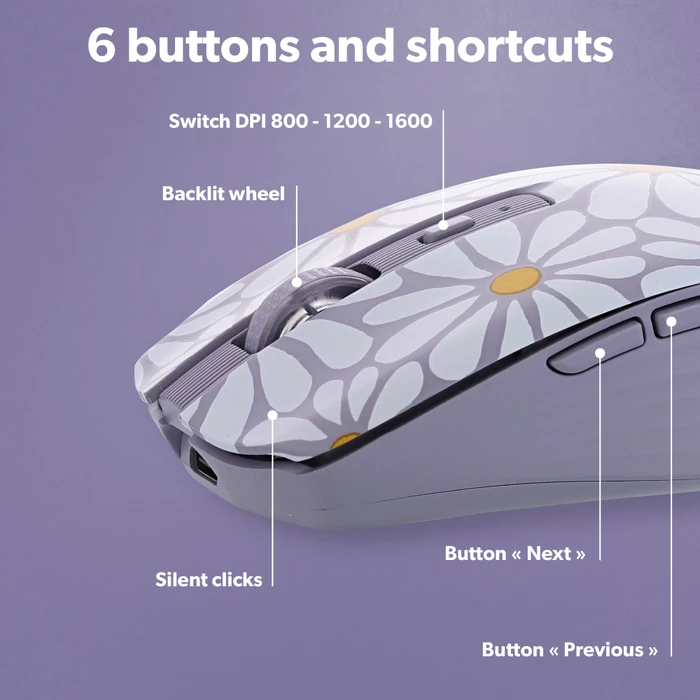 T'nB Rechargeable Bluetooth Wireless Mouse, Flower Exclusiv violett/weiß/gelb, USB/Bluetooth