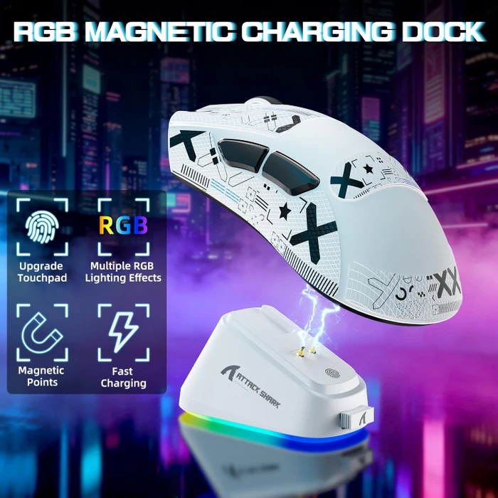 Attack Shark V3 PRO Tri-mode Wireless Gaming Mouse mit Ladestation, weiß, inkl. Grip Tape, USB/Bluetooth