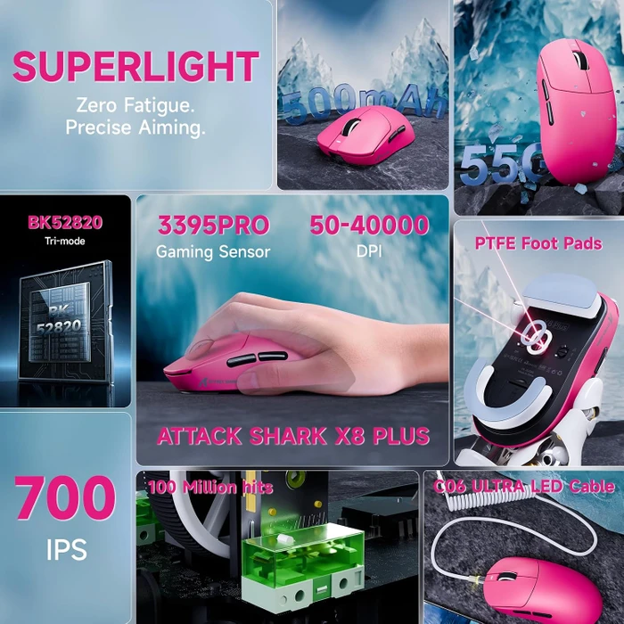 Attack Shark X8 Plus Tri-mode Wireless Gaming Mouse, Berry Red, inkl. C06 Ultra LED Kabel, USB/Bluetooth
