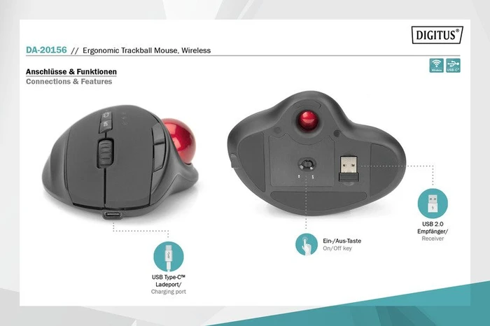 Digitus Wireless Ergonomic Trackball Mouse schwarz/rot, Bluetooth