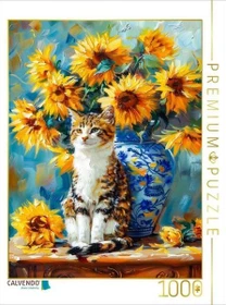 Calvendo Katze im Stillleben mit Sonnenblumen in Blumenvase im impressionistischen Stil
