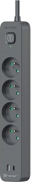 Tracer Surge protector TRACER Zebra mobile ready, 4-fach, 1.8m, graphit