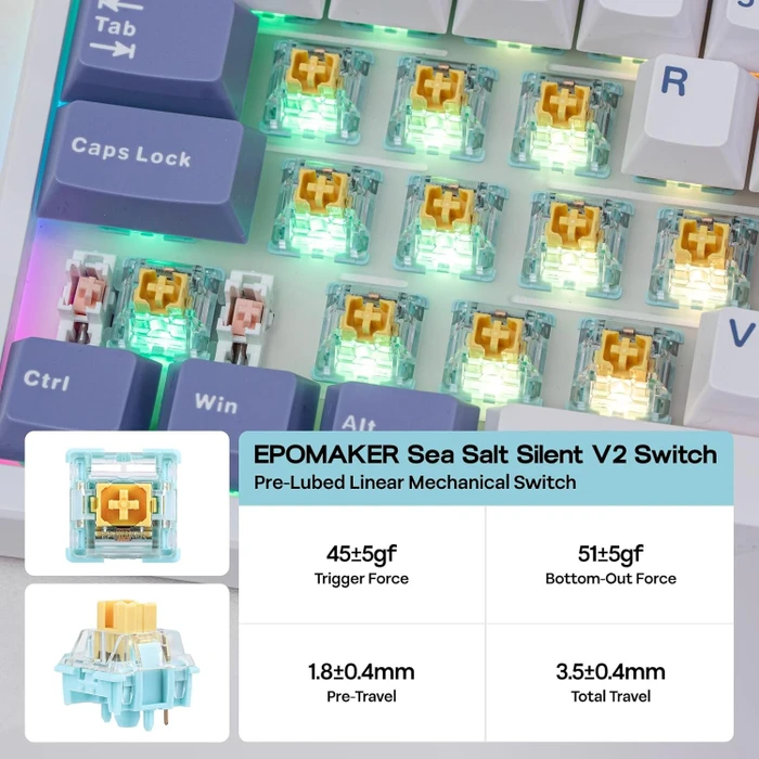 Epomaker TH108 Pro Wireless, White, LEDs RGB, hot-swap, Epomaker Sea Salt Silent V2, USB/Bluetooth, US