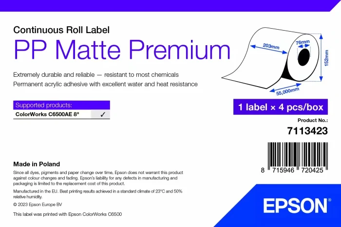 Epson Endlosetiketten PP Premium Matte Die-Cut Roll Label, 210mm, 55m, wetterfest, weiß, matt, 4 Rollen (4 Etiketten)
