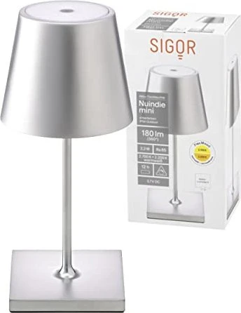 Sigor Nuindie mini Akku-Tischleuchte rund silber matt
