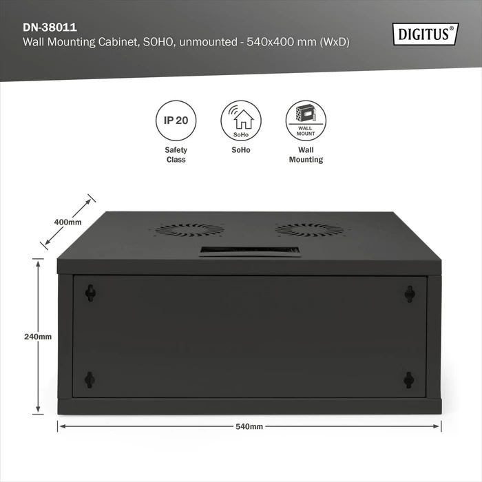 Digitus Professional SoHo Line 19" Wandgehäuse 4HE, unmontiert, Sicherheitsglastür, IP20, RAL 9005, 400mm tief