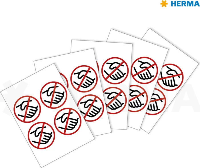 Herma Hinweisetiketten Hände schütteln verboten rund, 100mm, ablösbar, wetterfest, schwarz/rot, matt, 5 Blatt (20 Etiketten)