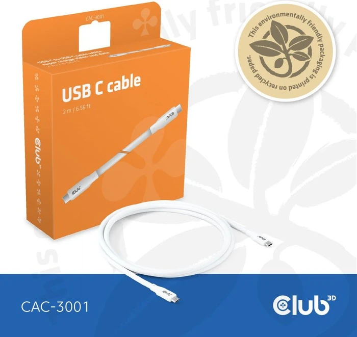 Club 3D USB4 Kabel, 20Gb/s, 240W PD EPR, USB-C Stecker auf USB-C Stecker, 2m, weiß