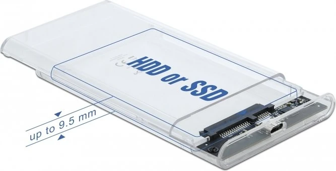 DeLOCK External Enclosure, transparent, 9.5mm, 2.5", USB-C 3.1