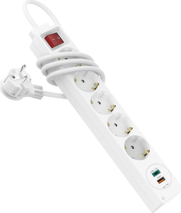 Hama Steckdosenleiste mit Schalter und Winkel-Flachstecker, 5-fach, 1x USB-A/1x USB-C 18W USB-PD, 1.4m, weiß