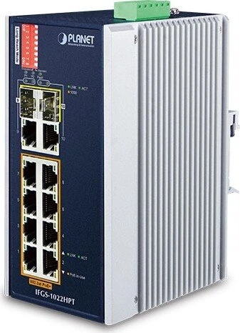 Planet IFGS-1022HPT Industrial Railmount Managed Switch, 8x RJ-45, 2x RJ-45/SFP, 240W PoE+
