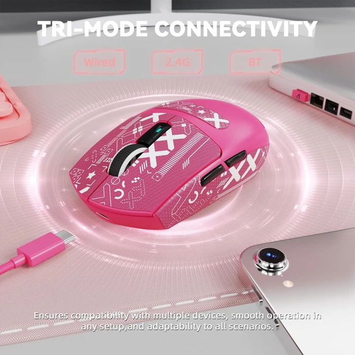 Attack Shark G3Pro Tri-mode Wireless Gaming Mouse mit Ladestation, Berry Red, inkl. Grip Tape, USB/Bluetooth