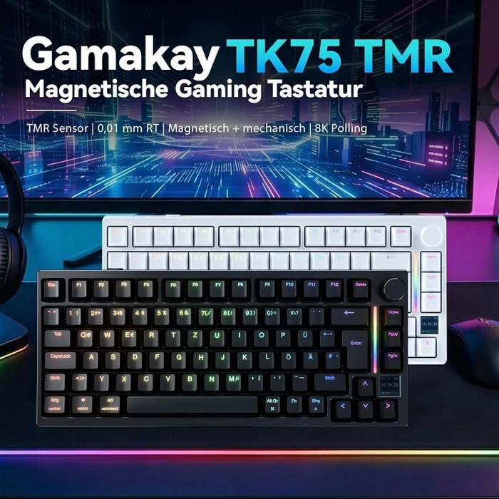 Gamakay TK75 TMR Mechanical Keyboard, White, Phoenix V3 linear, USB/Bluetooth, DE