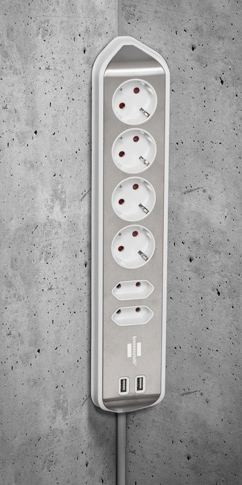 Brennenstuhl estilo Ecksteckdosenleiste, Tischsteckdose, 6-fach, 2x USB-A, 2m, silber/weiß
