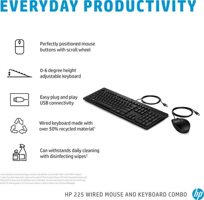HP 225 Wired Mouse and Keyboard Combo, schwarz, USB, UK