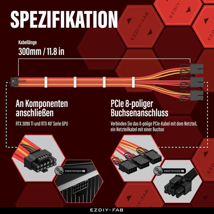 EZDIY-FAB 12VHPWR Kabel, 3x 8-Pin PCIe Buchse auf 16-Pin PCIe 5.0 12VHPWR Stecker, Adapterkabel, 16AWG, rot/gelb, 35cm