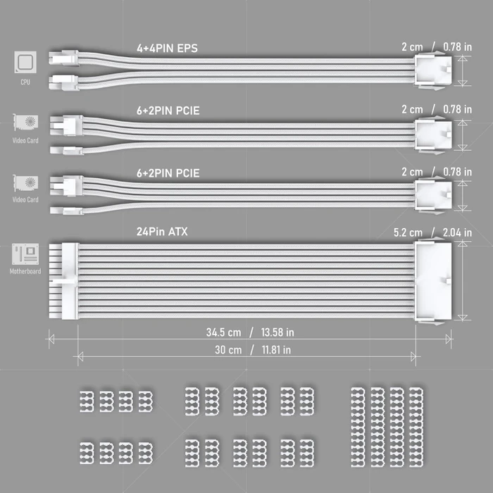 EZDIY-FAB Cable Extension Kit, 1x 24-Pin, 1x 4/8-Pin ATX, 2x 8-Pin PCIe, 18AWG, weiß