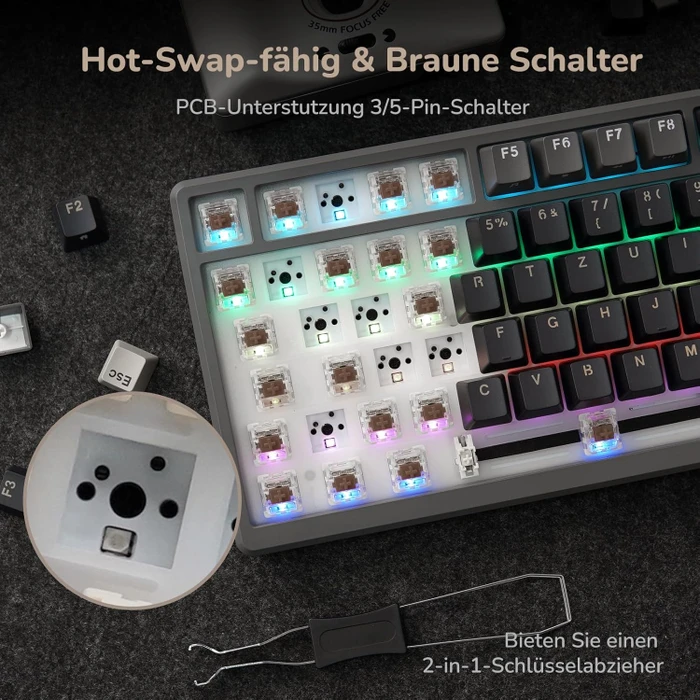 RK Royal Kludge M75 Wireless, grau/schwarz, LEDs RGB, hot-swap, RK BROWN, USB/Bluetooth, DE