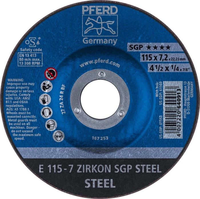 Pferd E 115-7 ZIRKON SGP STEEL Schleifscheibe, 115x7.2x22.23mm, 10 Stück