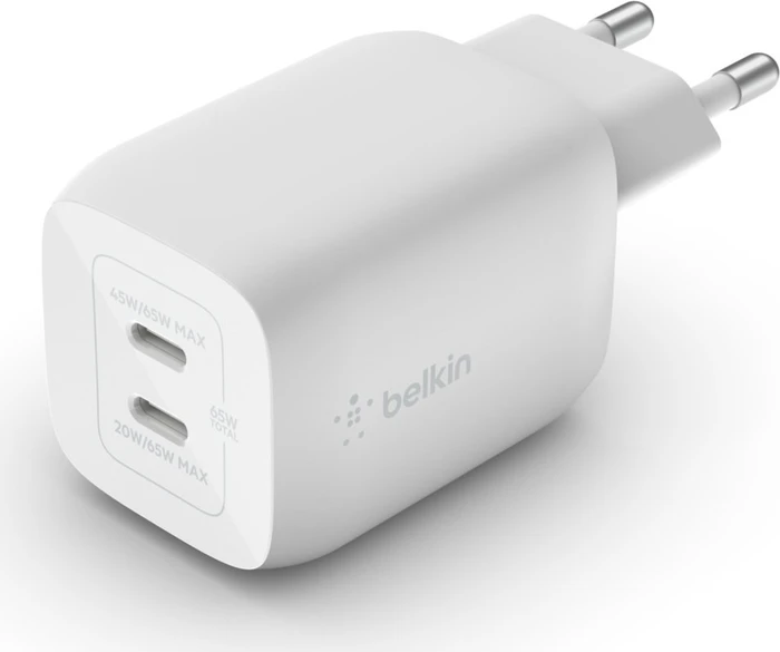 Belkin BoostCharge Pro USB-C-GaN-Ladegerät mit zwei Anschlüssen und PPS (65W) weiß