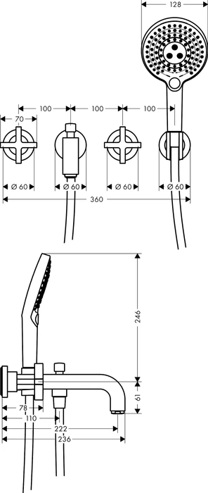 Hansgrohe Axor Citterio 3-Loch Wannenkombination mit Kreuzgriffen und Rosetten brushed bronze