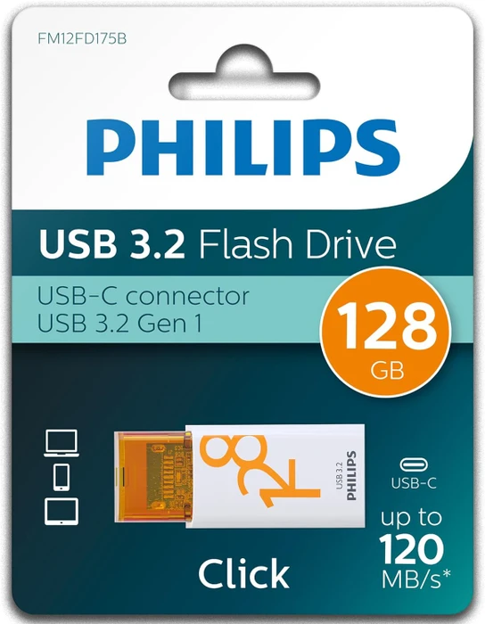 Philips Flash Drive Click Edition 128GB weiß/orange, USB-C, USB 3.2 Gen 1×1