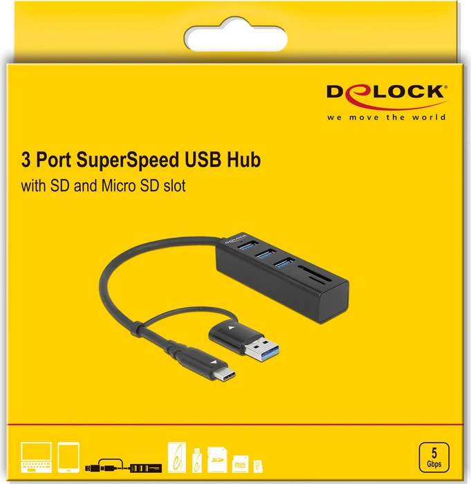DeLOCK 3-Port USB-Hub mit Cardreader, USB-C 3.0/USB-A 3.0 [Stecker]
