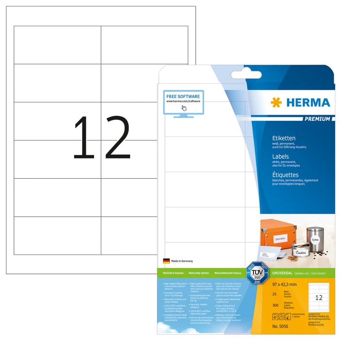Herma Etiketten Premium, 97x42.3mm, weiß, matt, 25 Blatt (300 Etiketten)