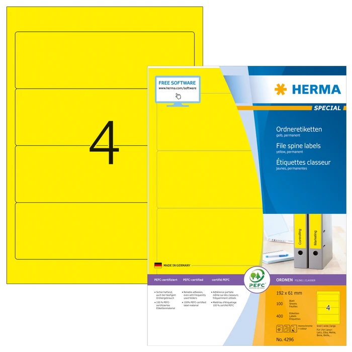 Herma Ordneretiketten, 61x192mm, gelb, matt, 100 Blatt (400 Etiketten)