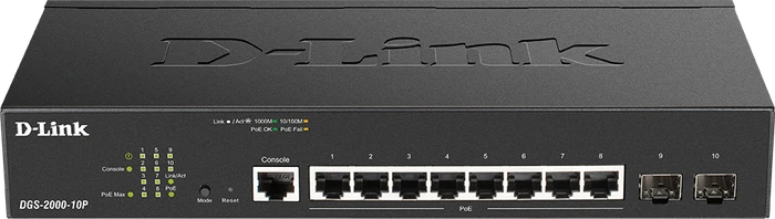 D-Link DGS-2000 Desktop Gigabit Managed Switch, 8x RJ-45, 2x SFP, 65W PoE+