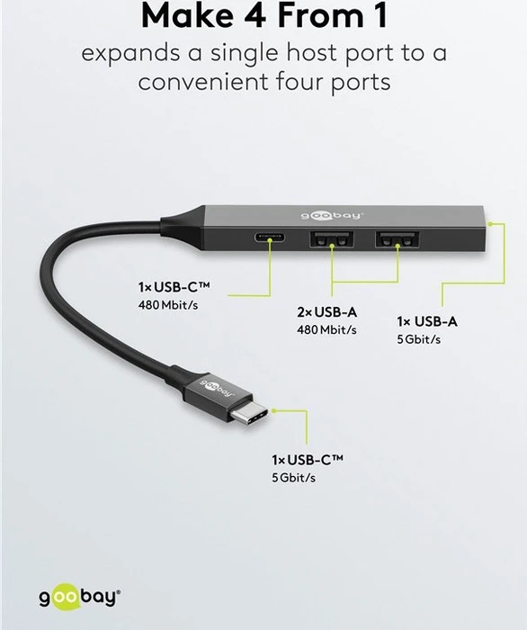 Wentronic goobay Slim 4-Port USB-Hub,1x USB-A 3.0/1x USB-C 2.0/2x USB-A 2.0, USB-C 3.0 [Stecker]