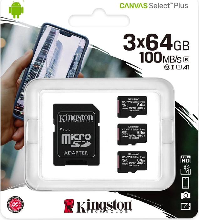 Kingston Canvas Select Plus R100 64GB Kit, UHS-I U1, A1, Class 10, 3er-Pack