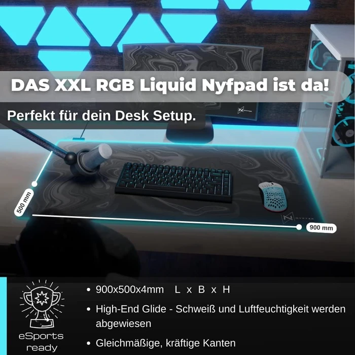Nyfter Nyfpad RGB XXL Liquid Premium Gaming Mousepad, 900x500mm, Design grau/weiß