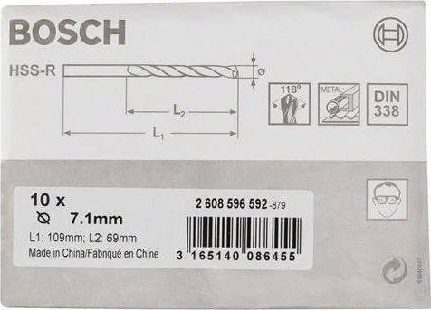 Bosch Professional HSS-R Spiralbohrer, 7.1x69x109mm, 10 Stück